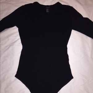 Forever 21, Half Sleeve, Black Low V-Cut Bodysuit